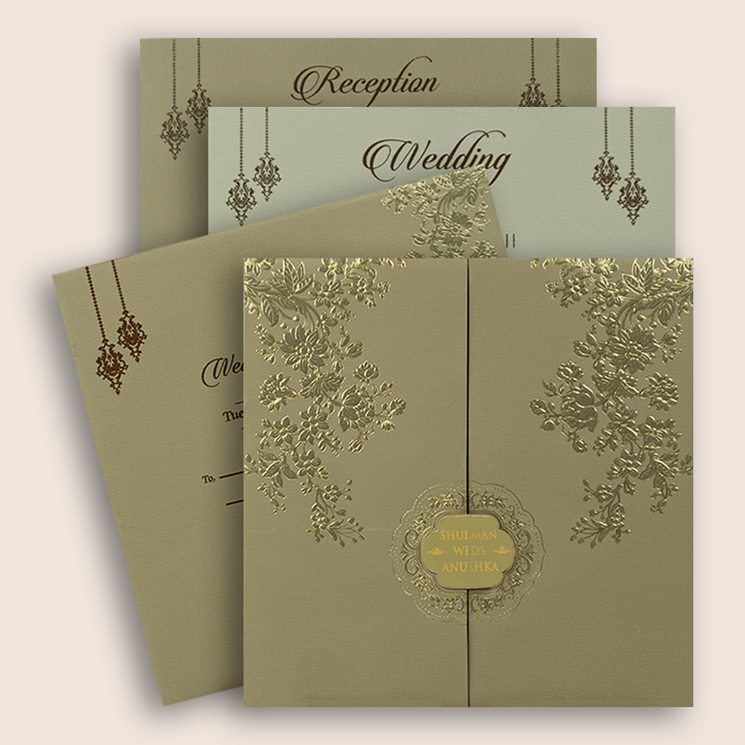 Beige Embossed Floral Door Style Padded Marriage Card - KRB10441