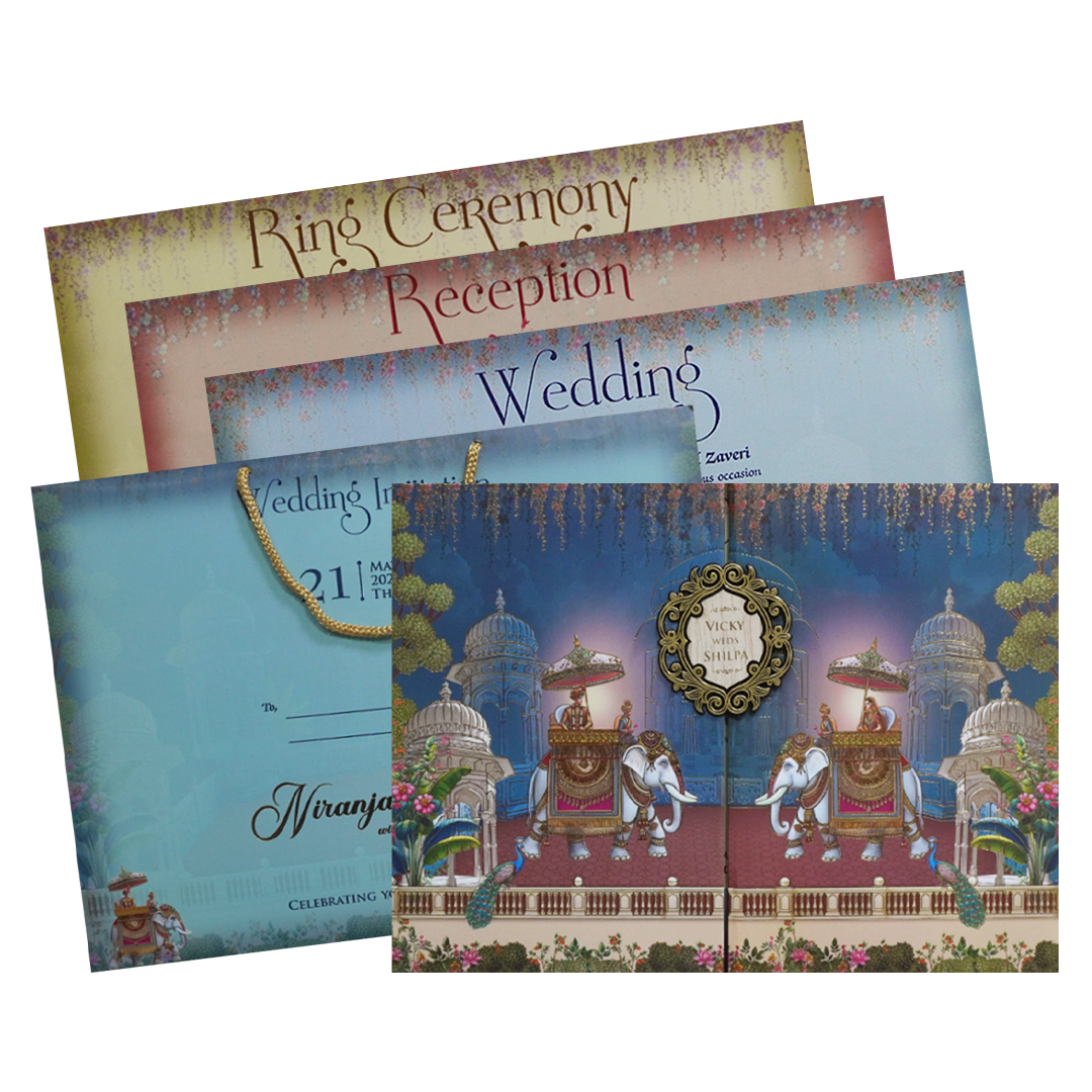 Blue Elephant Procession Padded Wedding Card - KSH72570