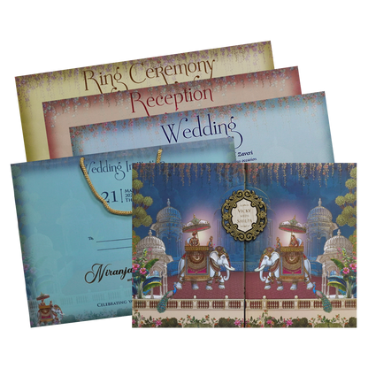 Blue Elephant Procession Padded Wedding Card - KSH72570