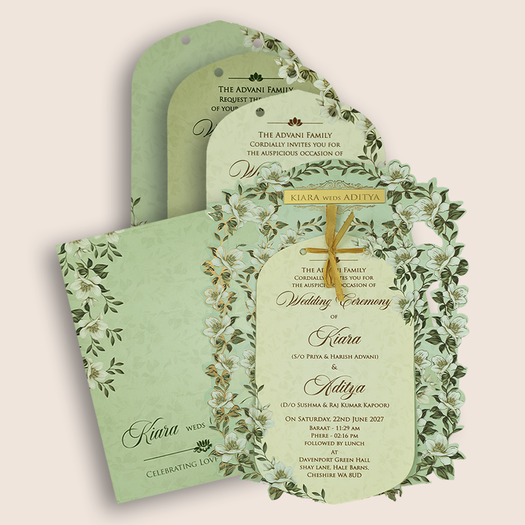Pista Green Floral Laser Cut Wedding Card  - KFR17240