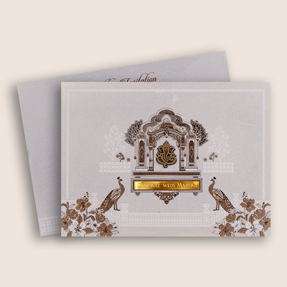 Ivory Floral Peacock Padded Wedding Invitation Card - KRE29240