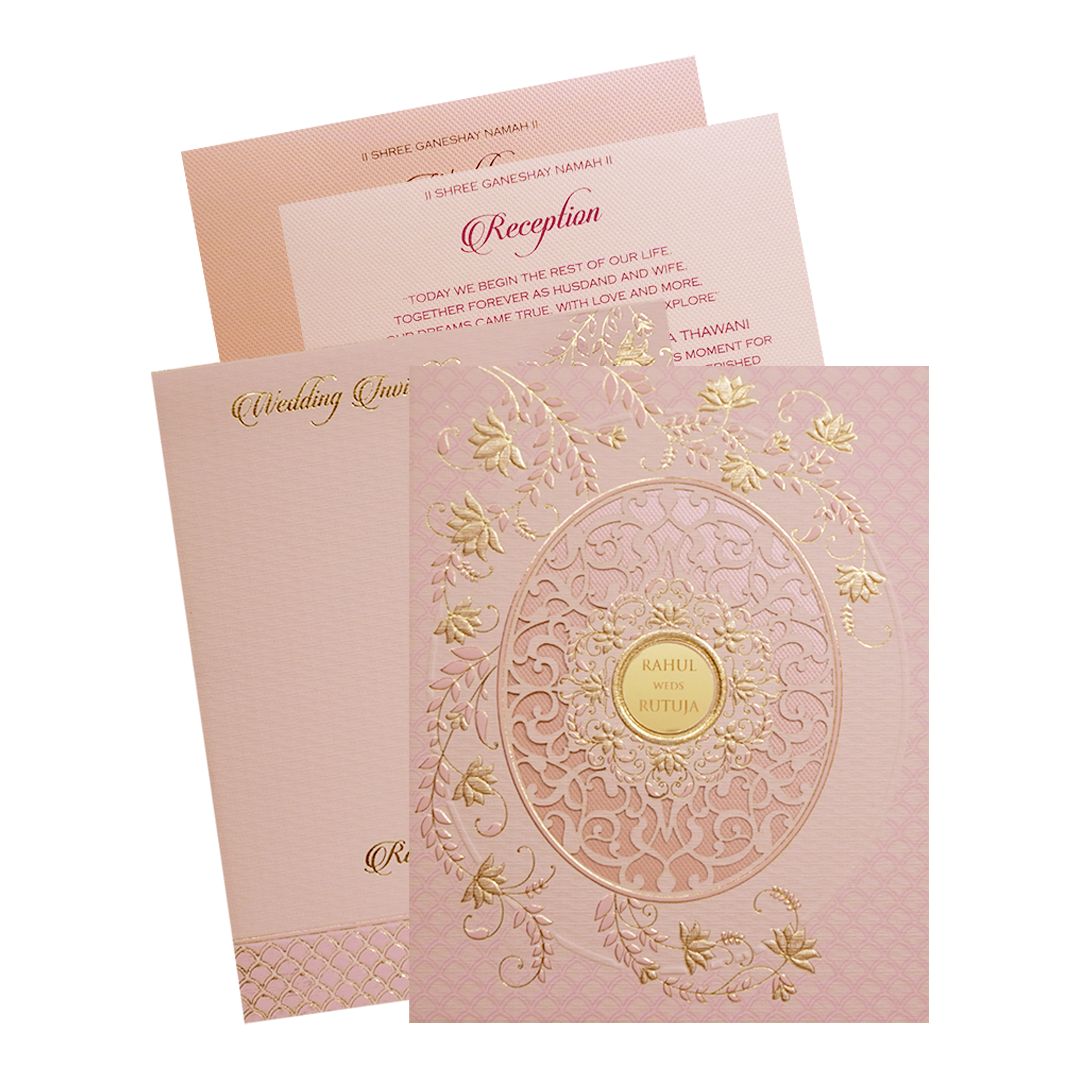 Pink Gold Lasercut Floral Padded Wedding Card -KMMWD1119
