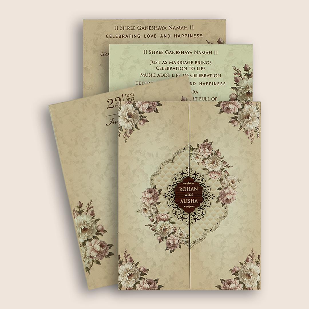 Beige Floral Door Style Padded Wedding Invitation - KFR17330
