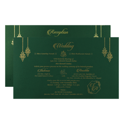 Green Gold Medallion Padded Wedding Card-KRB09330