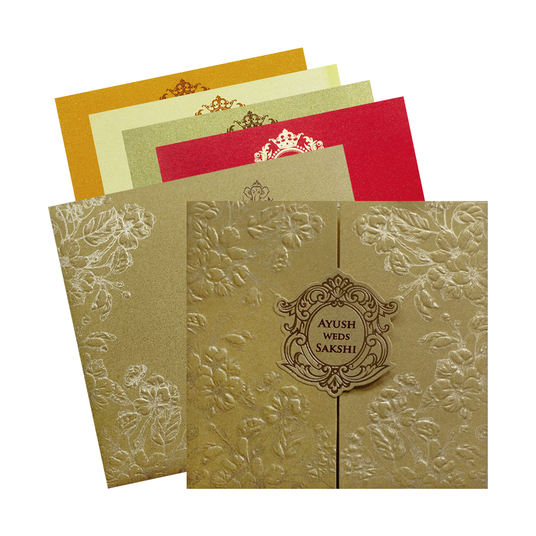 Shop Metallic Gold Door Style Floral Wedding Card with 4 colorful inserts. ?WhatsApp Support ?Express Delivery.
