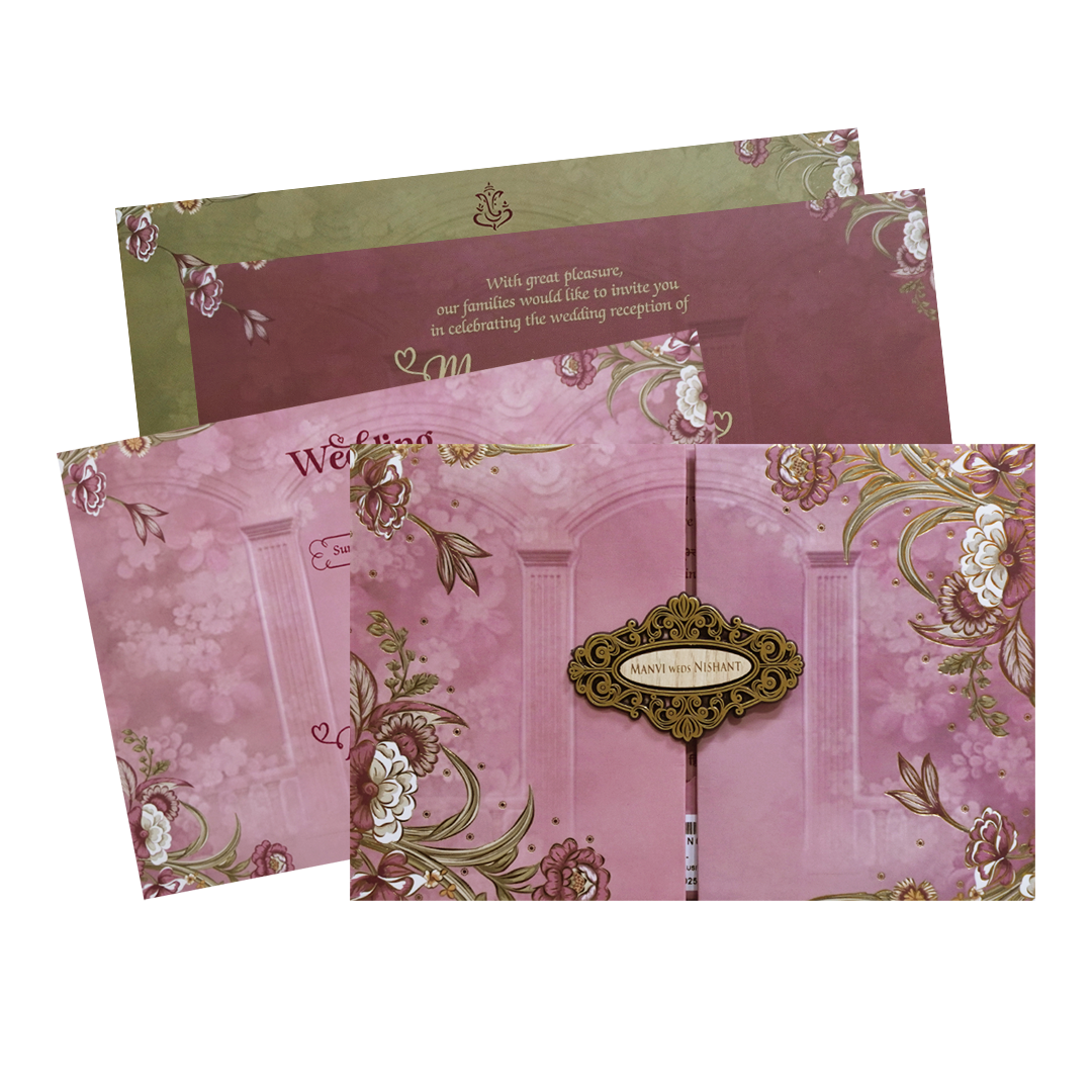 Pink Floral Doorp Padded Wedding Card - KVN07360