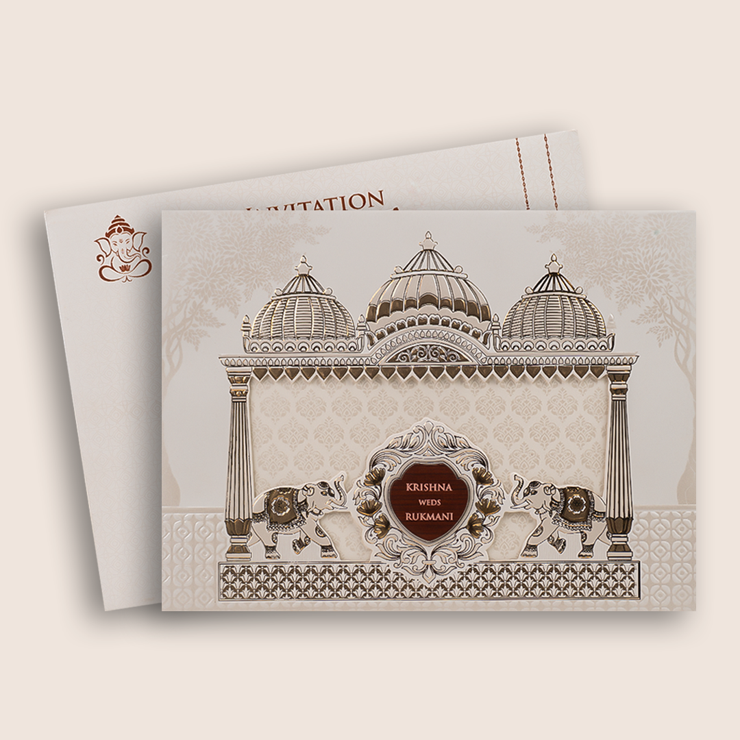 White Elephant Floral Padded Laser Cut Wedding Card - KJTS1943