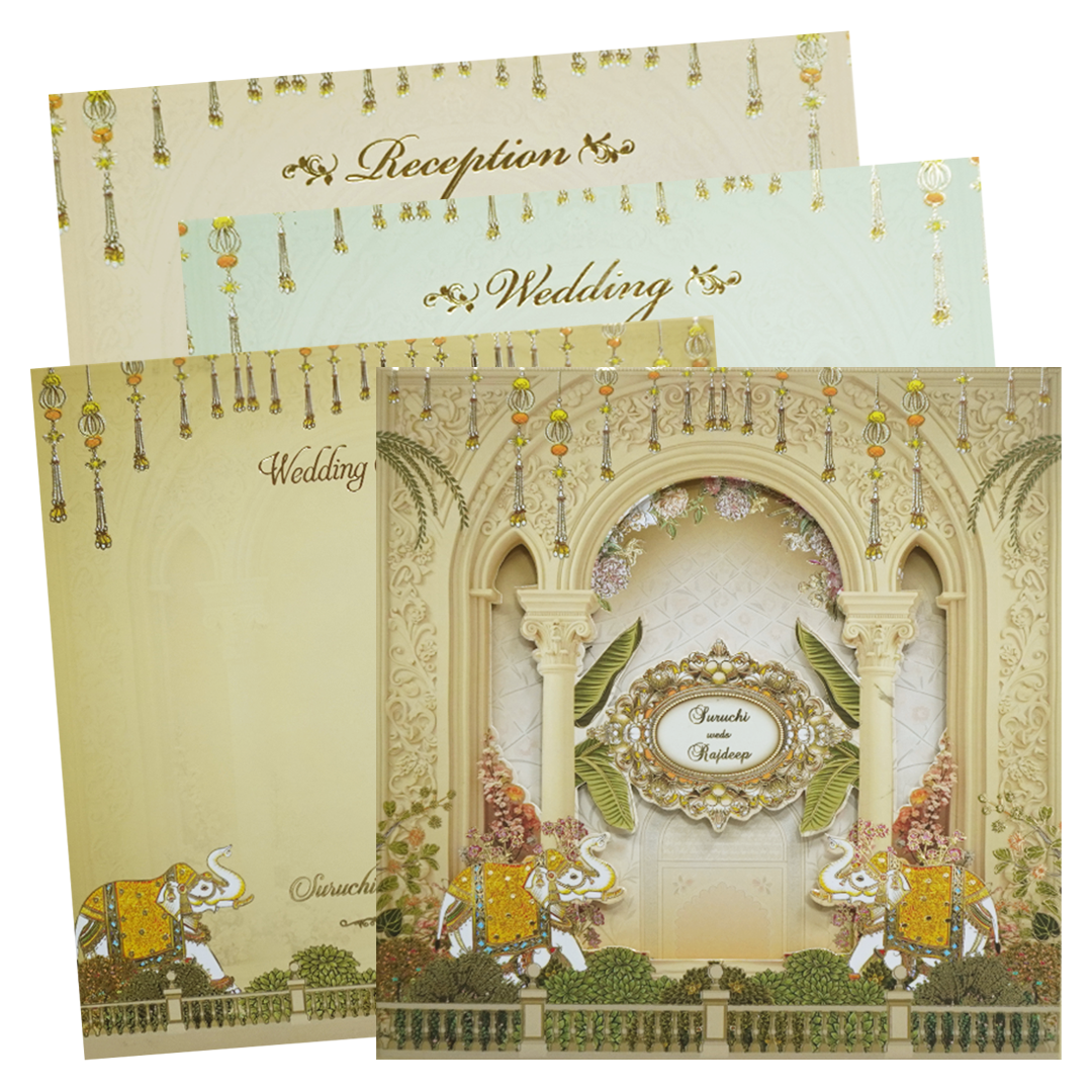 Yellow Cream Embossed Laser Cut Padded Wedding Card-KMMEX8180