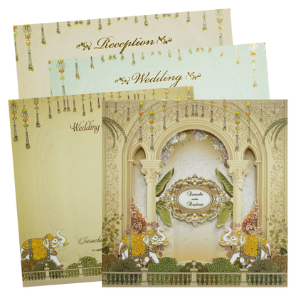 Yellow Cream Embossed Laser Cut Padded Wedding Card-KMMEX8180