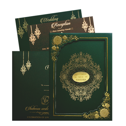 Royal Green Floral Frame Wedding Card-KRB09672
