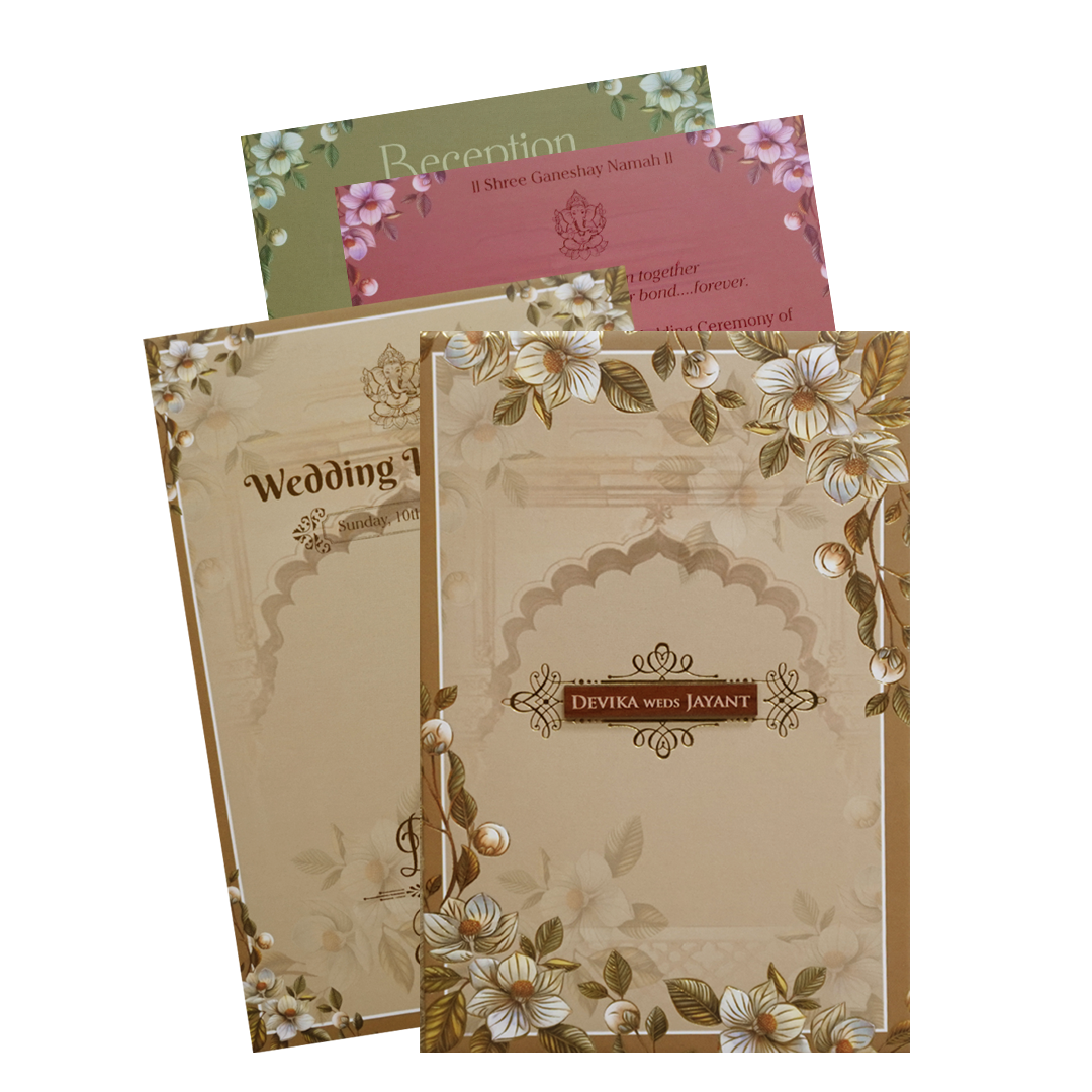 Brownish Cream Padded Floral Arch Wedding Card- KVN07390