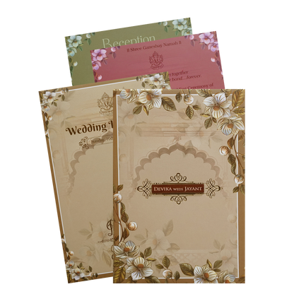 Brownish Cream Padded Floral Arch Wedding Card- KVN07390
