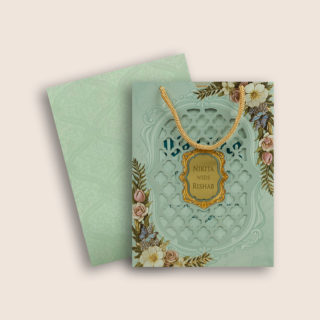 Pastel Green Floral  Laser Cut Bag Style Marriage Card - KPR07200