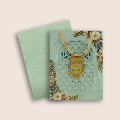 Pastel Green Floral  Laser Cut Bag Style Marriage Card - KPR07200