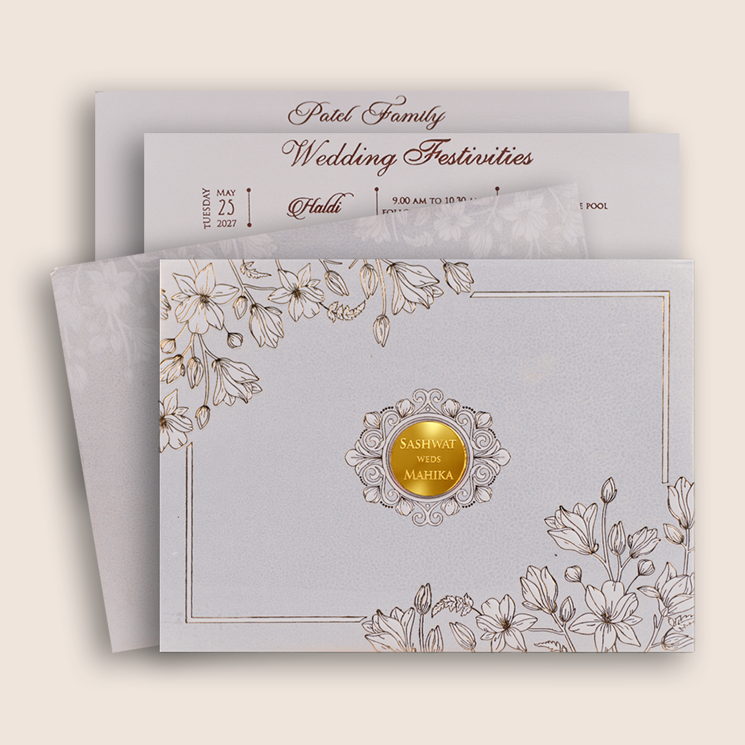 Light Ivory Floral Padded Marriage Invitation Card - KRE29260