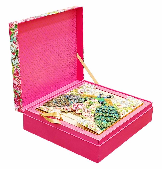 Pink Roses And Colourful Peacocks Ultra Premium Wedding Card-KNKUP033-King of Cards