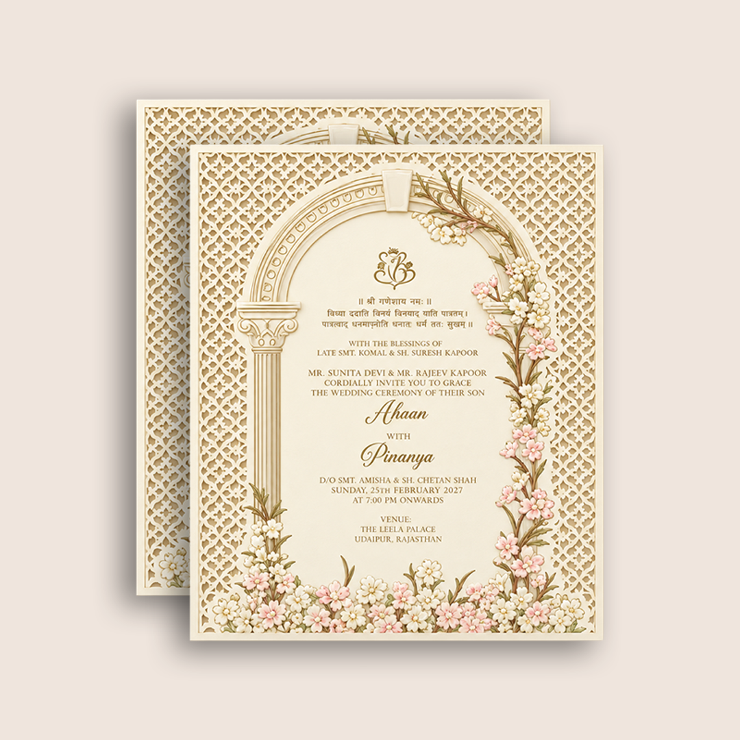 White MDF Laser Cut Floral Premium Wedding Invitation - KNLW202575