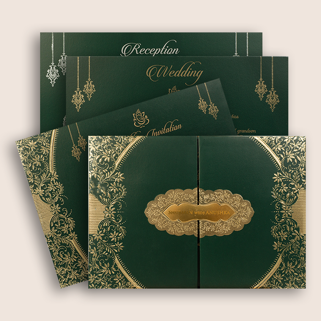 Green Floral Door Style Padded Wedding Invitation - KRB10491