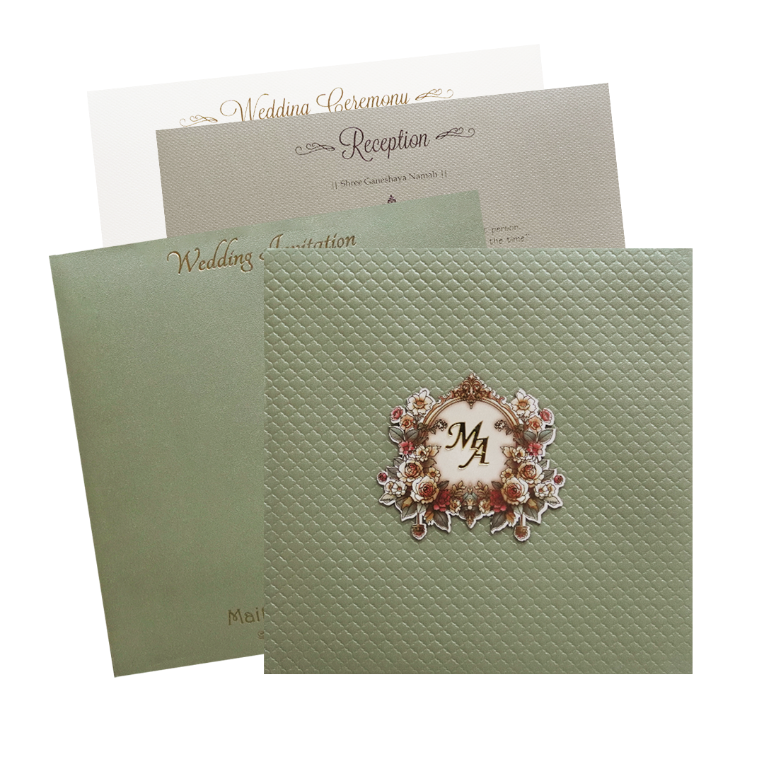 Metallic Green Quilted Floral Monogram Wedding Card - KMMWD1127