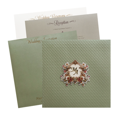 Metallic Green Quilted Floral Monogram Wedding Card - KMMWD1127