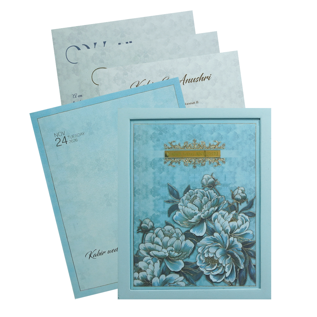 Sky Blue Floral Luxury Wedding Invitation Card-King of Cards
