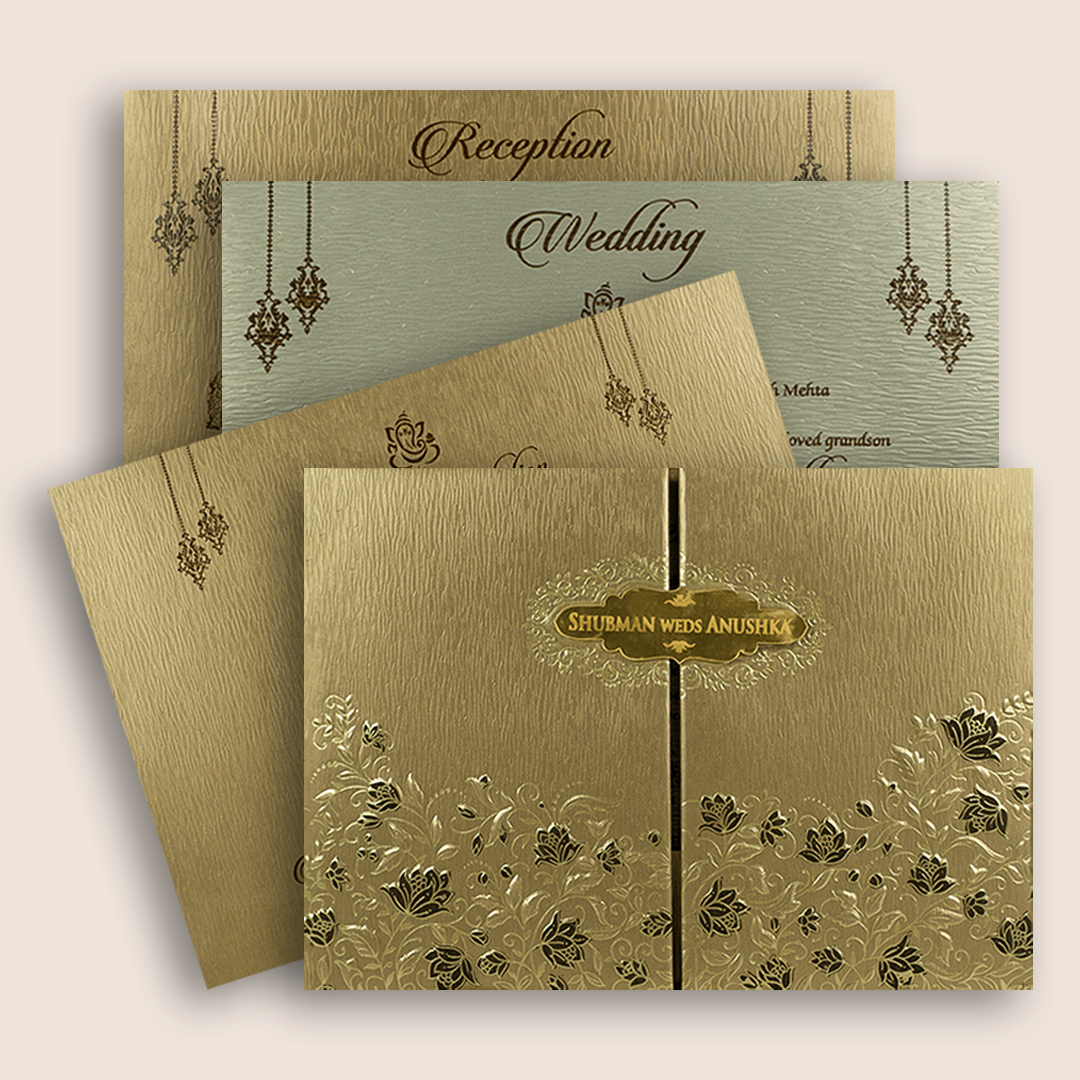 Gold Floral Embossed Door Style Padded Wedding Invitation - KRB09761