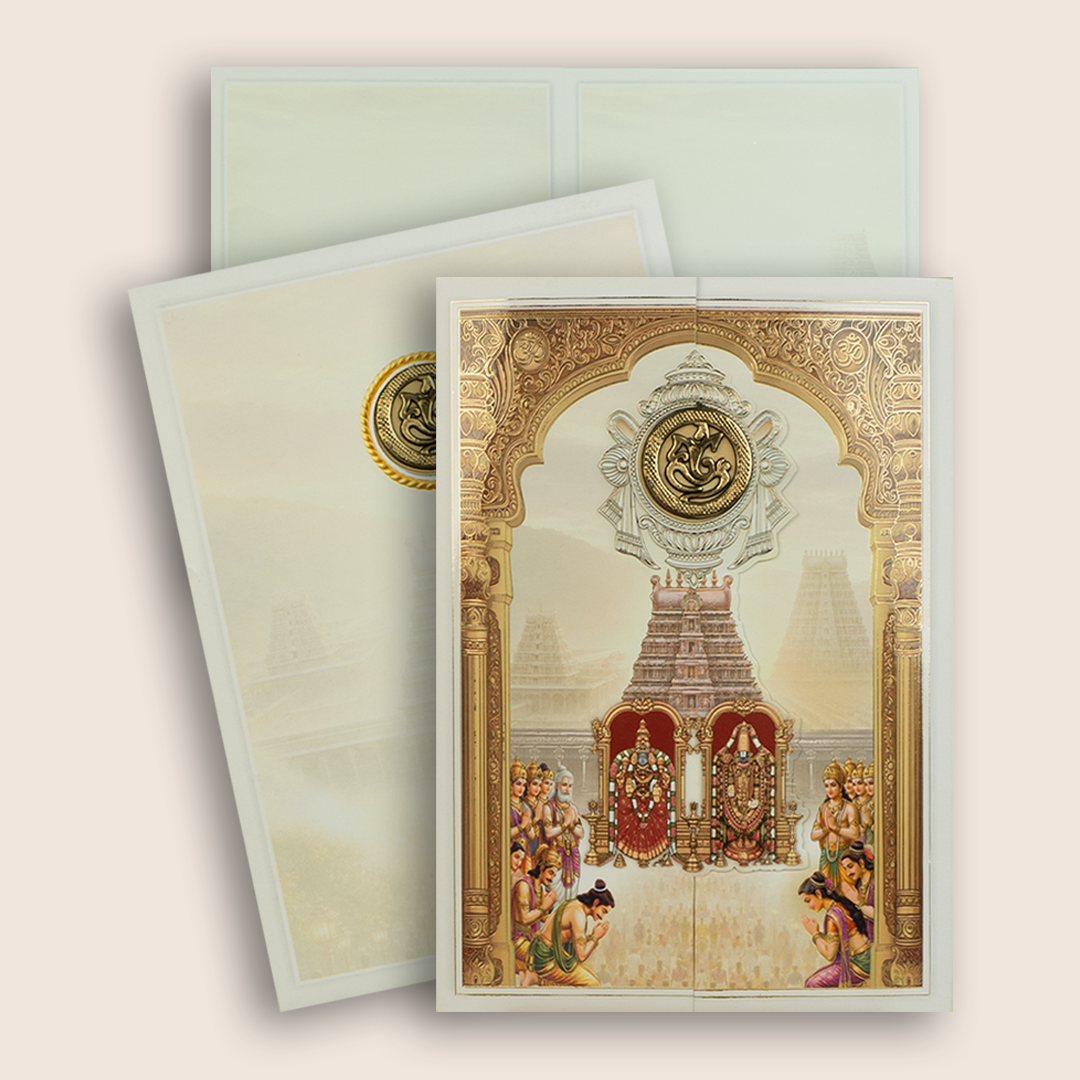 Cream Lord Balaji Padmavathi Door Style Invitation - KNAR2411
