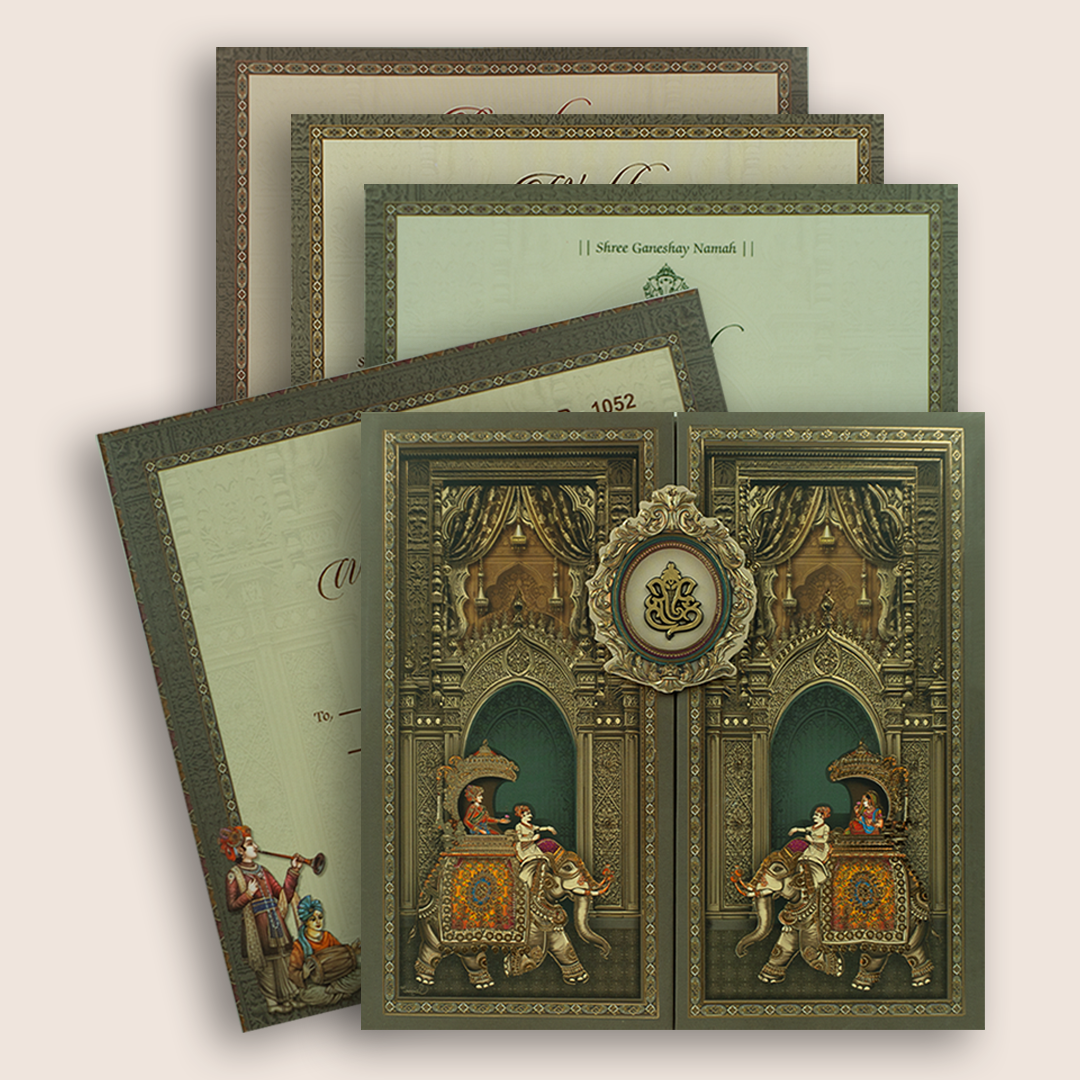 Grey Palace Elephant Door Style Padded Wedding Invitation - KRB10520
