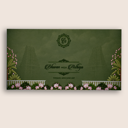 Green Embossed Lord Balaji Padmavati Marriage Card - KVN08050