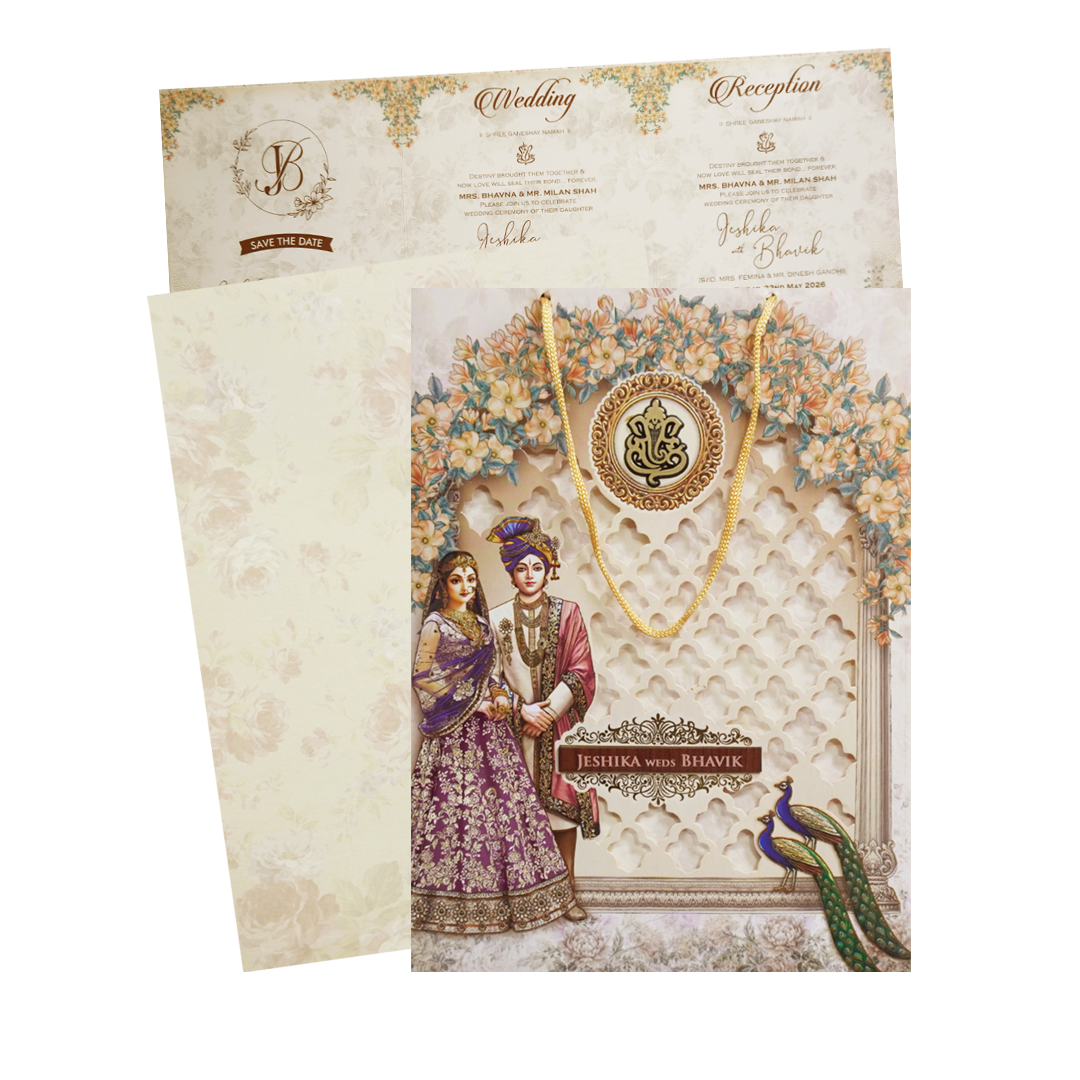 Cream Floral Laser Cut Royal Couple Wedding Card - KSH73190