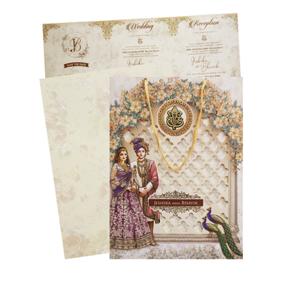 Cream Floral Laser Cut Royal Couple Wedding Card - KSH73190