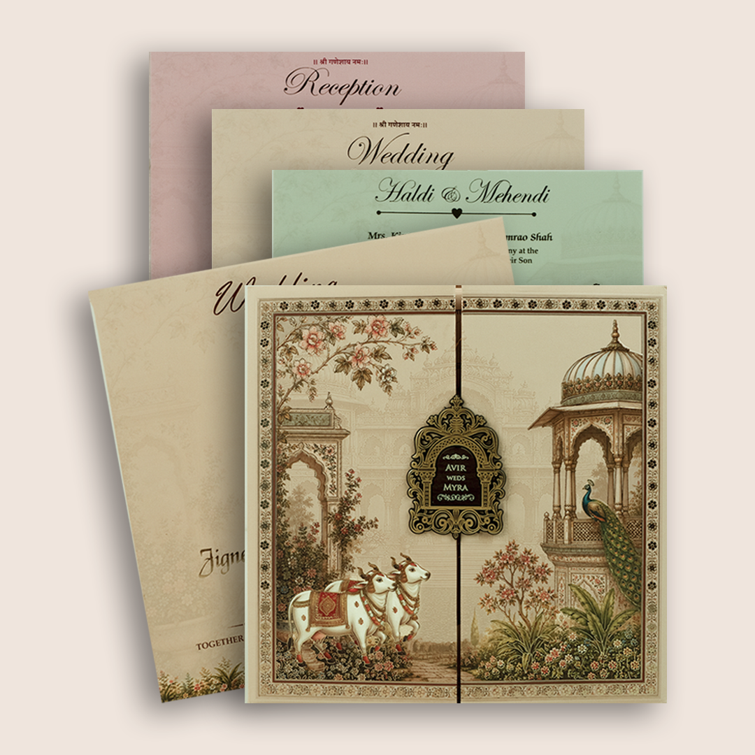 Beige  Padded Door Style Wedding Card - KSH18710