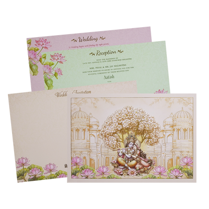 Orange Radha Krishna Palace Padded Wedding Card - KMMWD1145