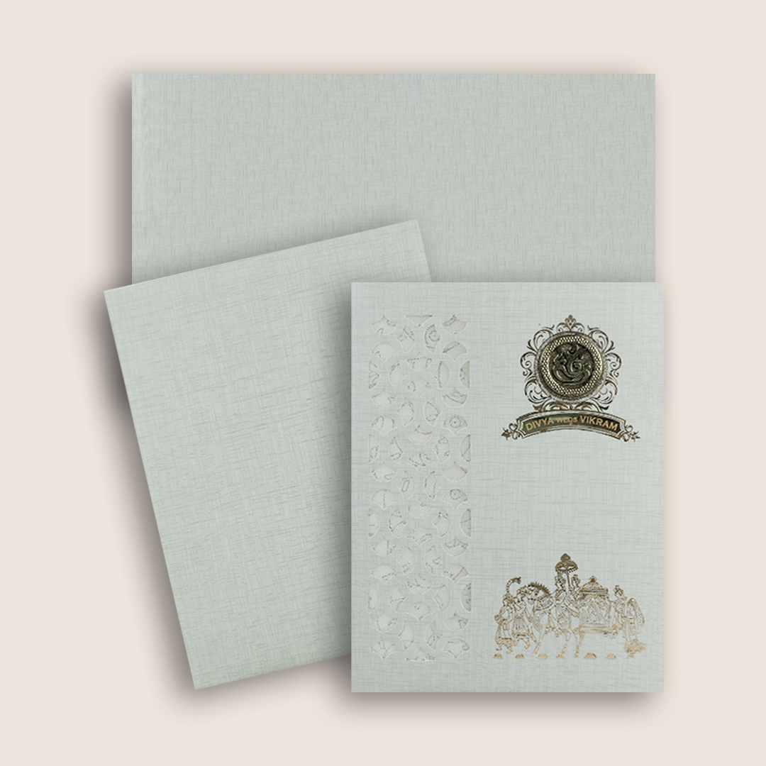 Grey Laser Cut Baraat Wedding Card - KNK9404G