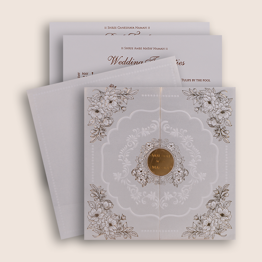 Ivory Embossed Floral Padded Wedding Card - KRE29210