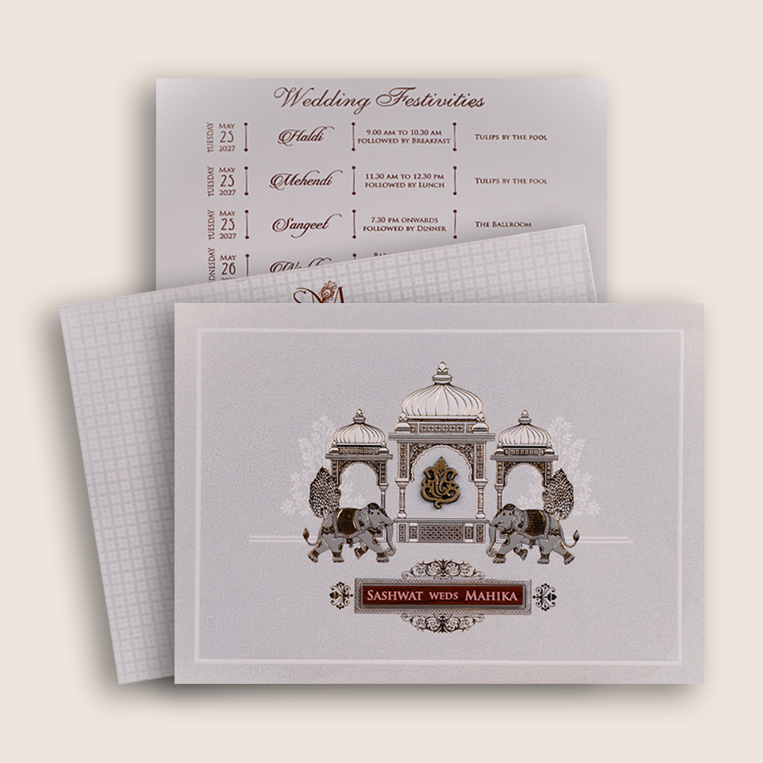 White Royal Elephant Mandap Wedding Invitation Card - KRE29440