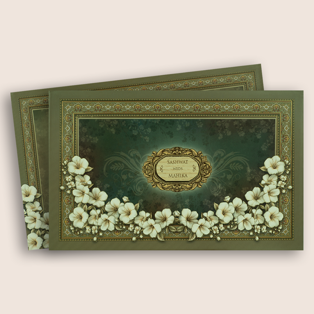 Teal Green Floral Padded Wedding Card - KRE28840