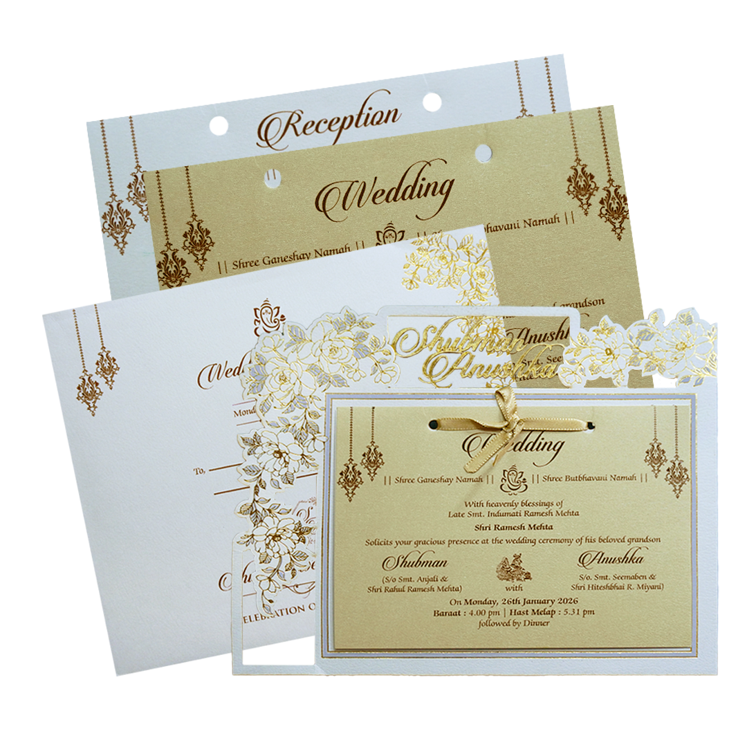 Check out Ivory Floral Laser Frame Wedding Card at best price. ? WhatsApp Support ? Express Delivery.