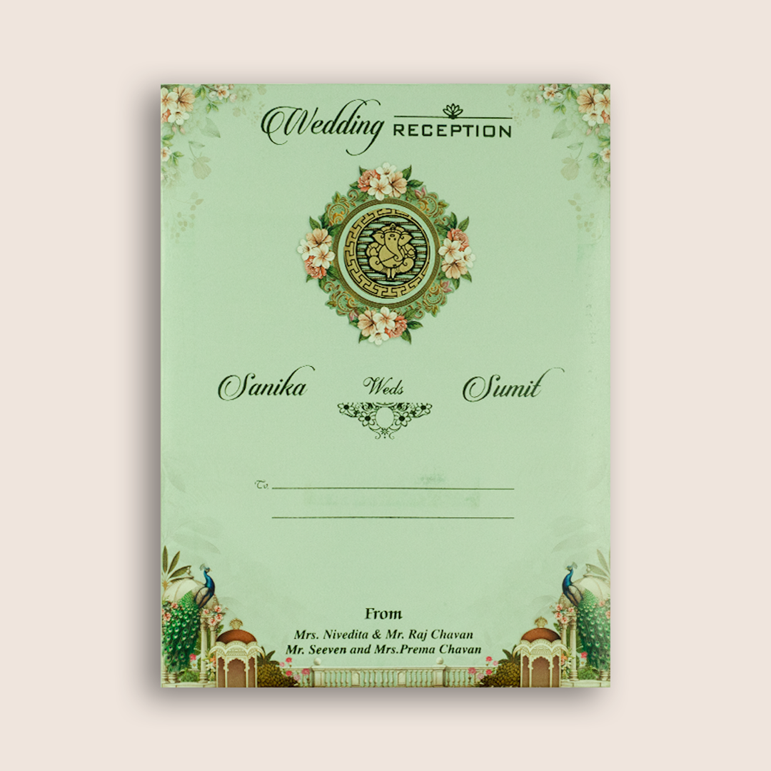 Pastel Green Peacock Door Style Wedding Card - KSH27130