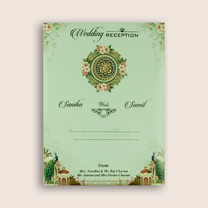Pastel Green Peacock Door Style Wedding Card - KSH27130