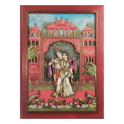 Peach Radha Krishna Palace Padded Wedding Card-KSI64020