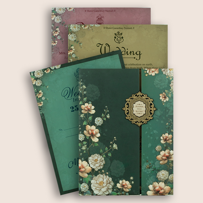 Dark Green Floral Door Style Padded Wedding Card - KSH18940