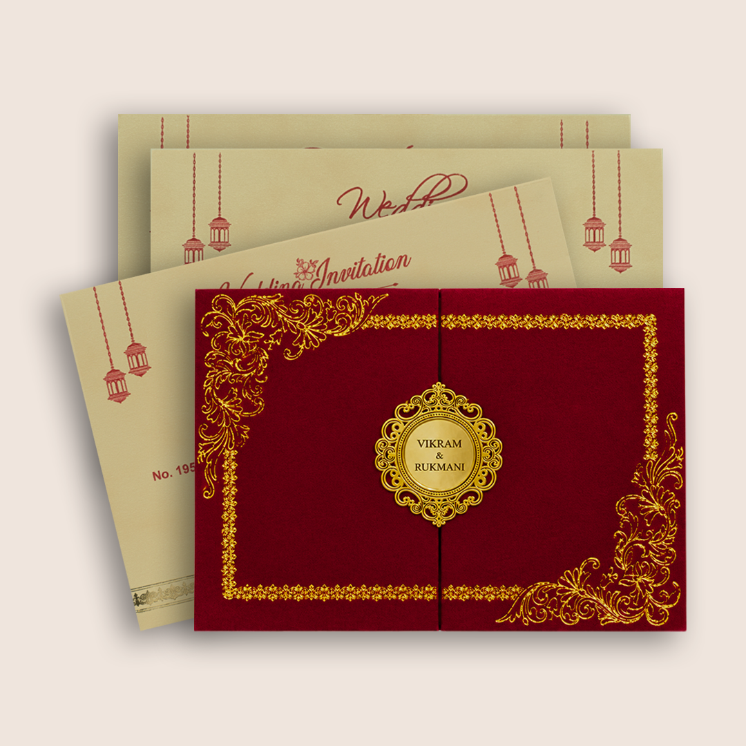 Red Velvet Floral Door Style Padded Invitation Card - KJTS1950