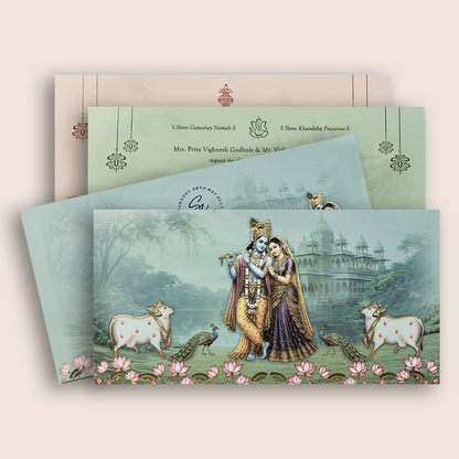 Green Lord Radha Krishna Marriage Card - KVN08040