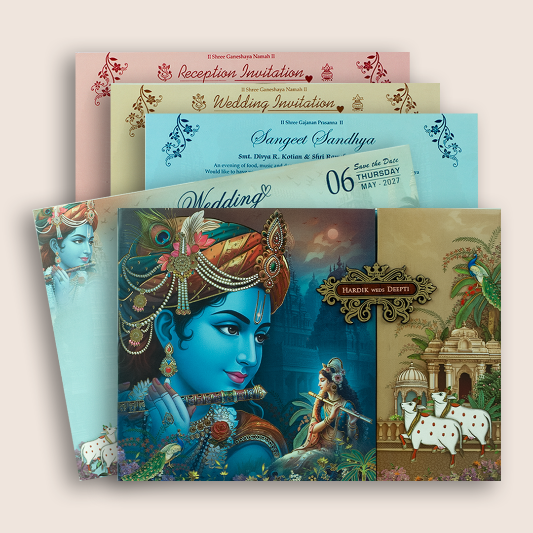 Blue Lord Radha Krishna Padded Door Style Invitation - KSH18190