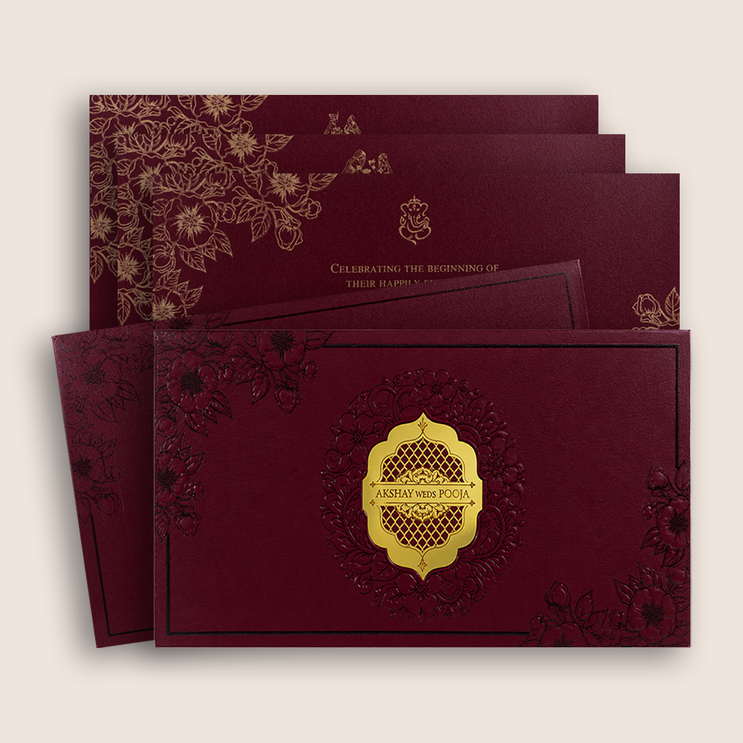 Dark Pink Embossed Floral Padded Wedding Card - KPR024570