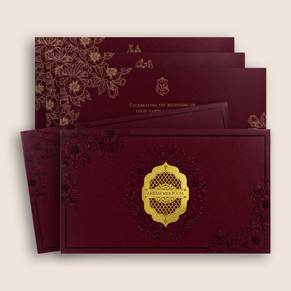 Dark Pink Embossed Floral Padded Wedding Card - KPR024570