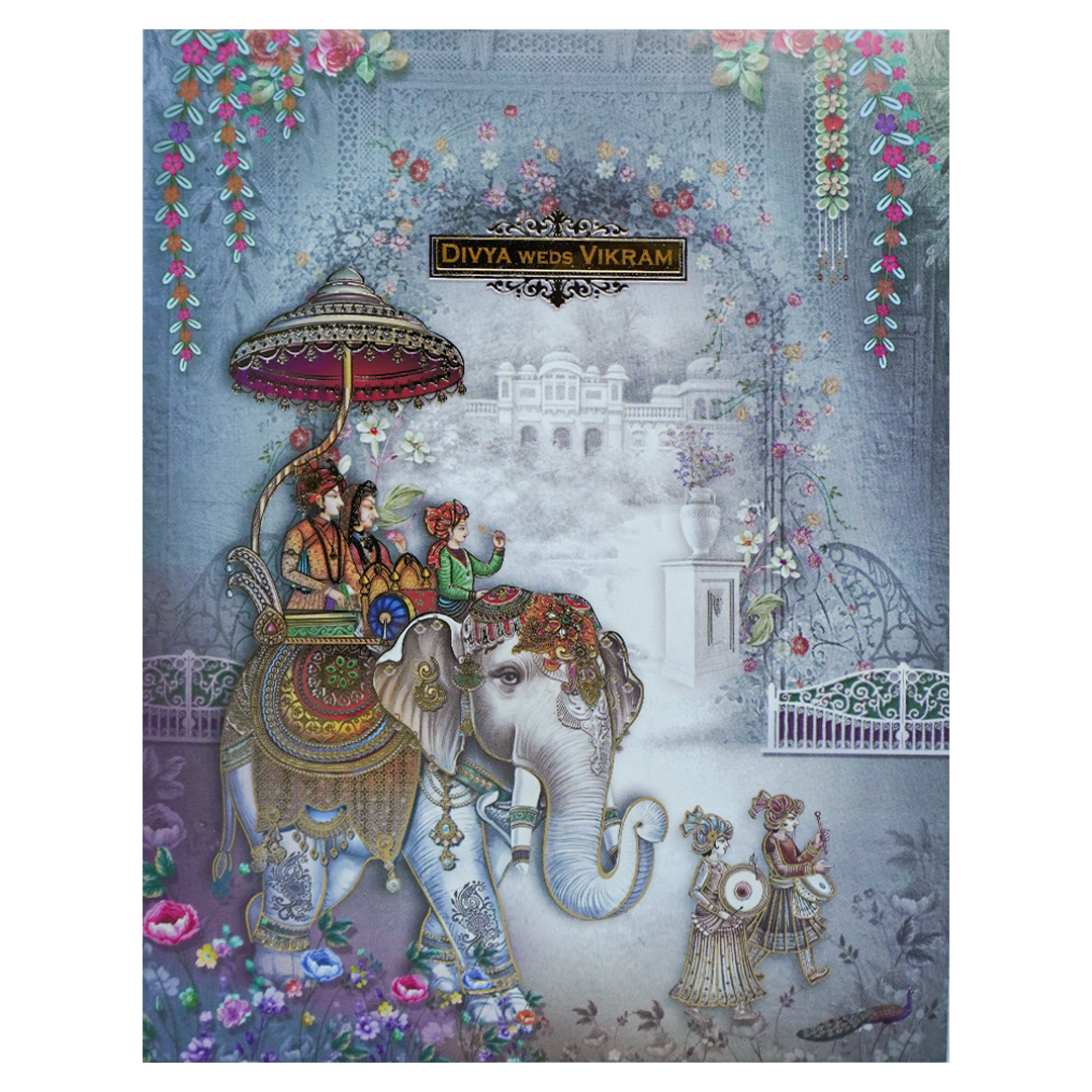 Blue Royal  Elephant Baraat Wedding Card-KNKJ1153