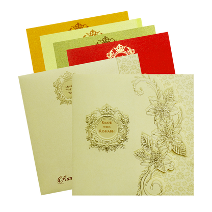 Shop Light Yellow Floral Door Style Wedding Card with 4 colorful inserts. ? WhatsApp Support ? Express Delivery.