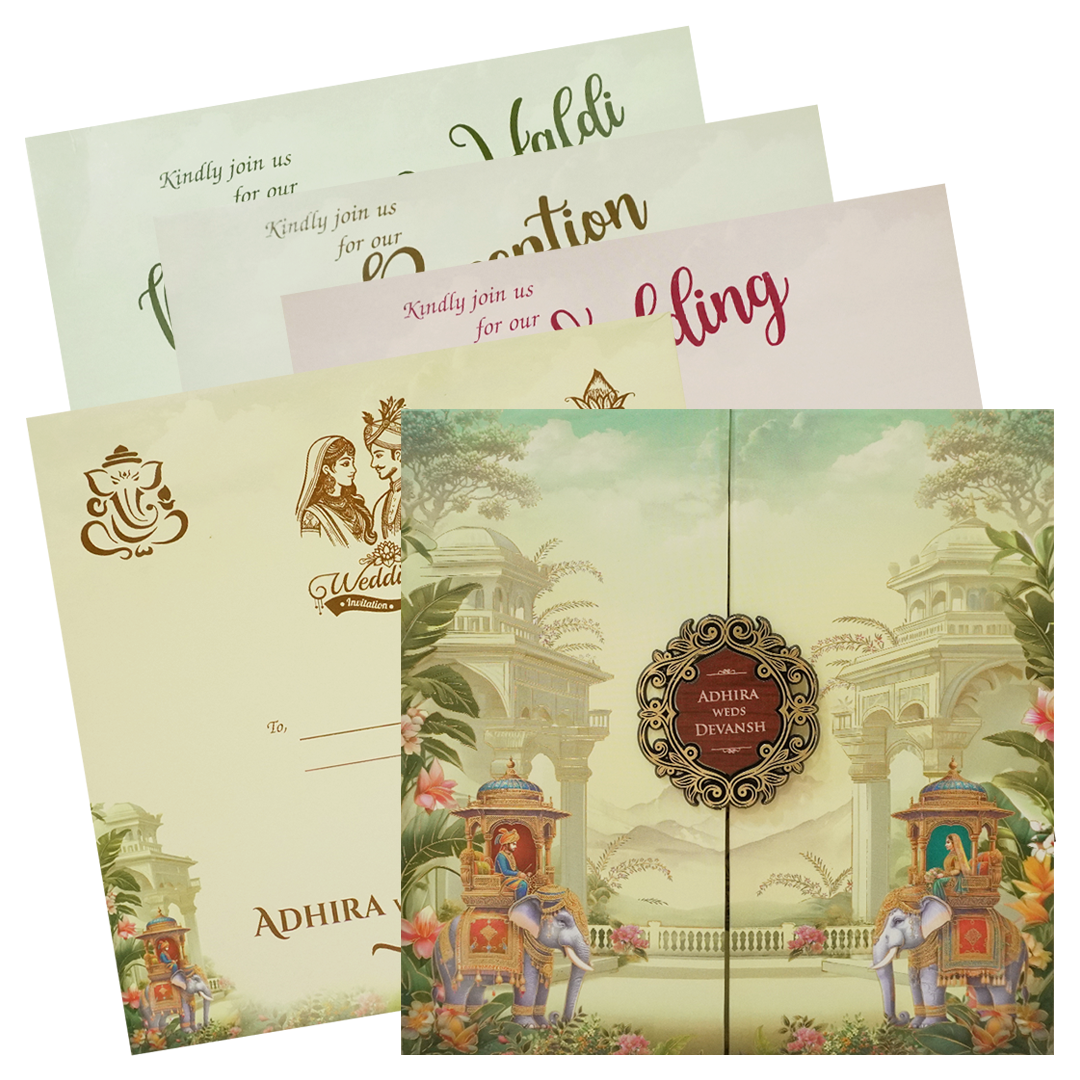 Royal Procession Elephant Padded Wedding Card - KSH72770